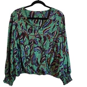 Democracy Plus 1X Green and Blue Leaf Print Metallic Blouse